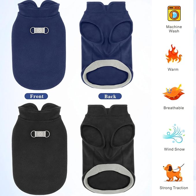 Idepet 2 Pack Dog Fleece Vest Sweater Warm Pullover Jacket with D-Ring Leash Reflective Winter Coat Hoodie for Puppy Cat French Bulldog Pug Chihuahuas Yorkies Dachshunds(Black&Blue,Small)