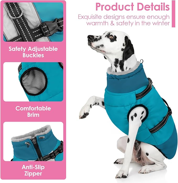 AOFITEE Dog Coat for Small Dogs, Warm Dog Winter Jacket with Harness Built in, Waterproof Small Winter Coat Dogs Reflective Cold Weather Coats for Chihuahua, Yorkshire, Turquoise XS