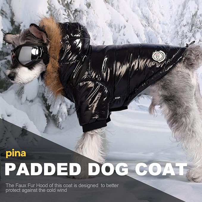PINA Dog Winter Coat with Faux Fur Hood, Windproof and Warm, Suitable for Small to Large Dogs, Black, M