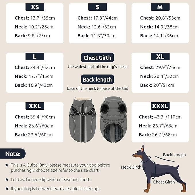 Dog Winter Coat with Harness Built in Warm Puffer Dog Jackets for Small Medium Large Dogs Windproof Waterproof Outfit with Plush Lining and Reflective Stripes (Grey, XL)