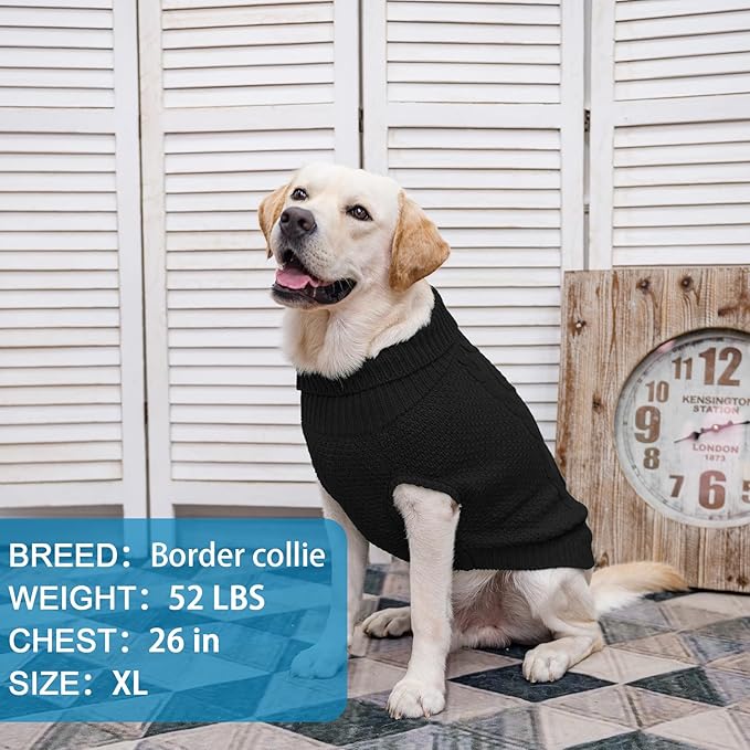 Mihachi Turtleneck Dog Sweater - Winter Coat Apparel Classic Cable Knit Clothes with Leash Hole for Cold Weather, Ideal Gift for Pet in New Year Black Medium