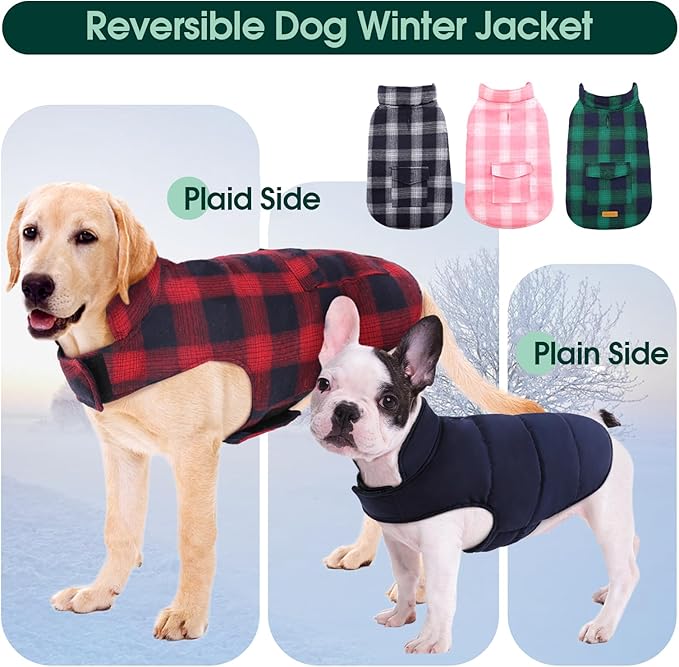 Kuoser Reversible Winter Coat, British Style Jacket for Small Medium Dogs - Warm, Windproof Puppy Cold Weather Vest, Red M
