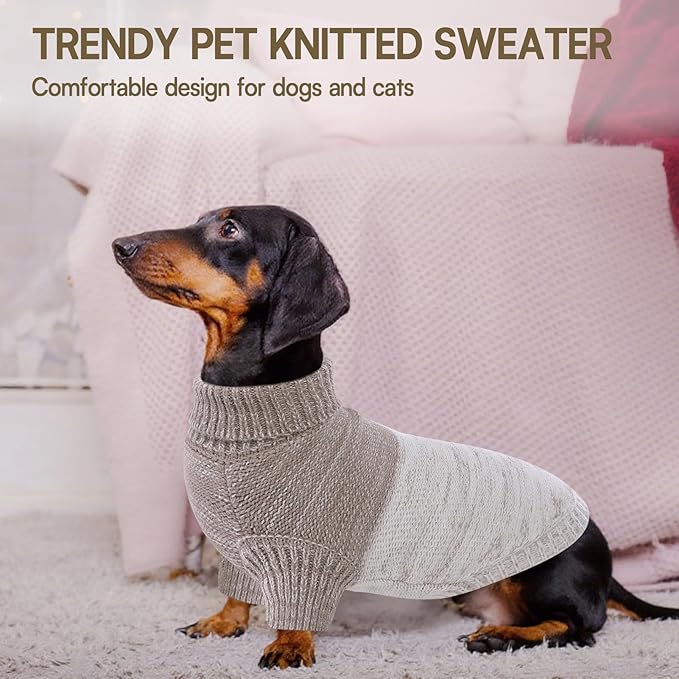 Queenmore Small Dog Sweater, Knitted Pullover Puppy Sweater,Cold Winter Pet Sweaters for Dog Girls Boys, Soft Turtleneck Knit Sweater with Leash Hole,Long Sleeves Christmas DogSweater(Khaki,XS)