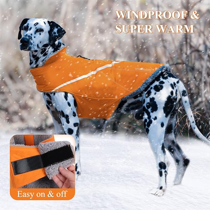 VIVAGLORY Snowrap Dog Coat, Jacket with Harness Hole & Velcro Closure, Dog Coat for Winter & Cold Weather, Fluffy Warm Fleece Lined Reflective Water Resistant for Puppy, L, Orange