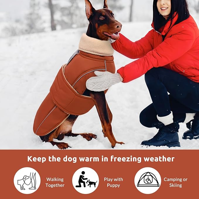 ASENKU Warm Dog Coat, Waterproof Dog Jackets for Large Dogs with Reflective Fleece Vest Turtleneck with Button,Windproof Cold Weather Coats for Small Medium Large Dogs, Red Brown, 2XL