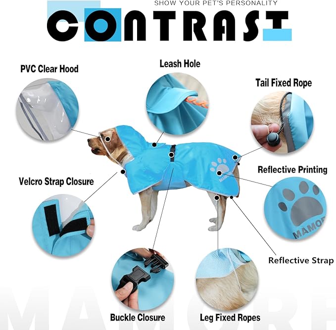 MAMORE Dog Raincoat Hooded Rain Jacket for Small Medium Large Dogs Slicker Poncho Bottom Waterproof Adjustable Reflective Breathable Leash Hole (Blue, XX-Large)