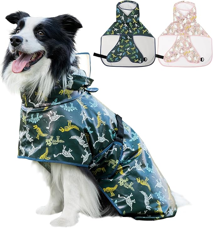 Dog Raincoat, Waterproof Windproof Dog Rain Jacket with Hood, Rain Coat with Leash Hole, Adjustable Raincoat Poncho for Small Medium Large Dogs Outdoor (Green, Large)