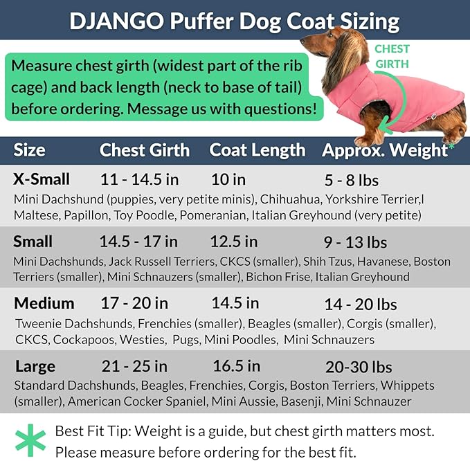 DJANGO Puffer Dog Coat – Warm Winter Dog Jacket & Water-Repellent Insulated Puffer Vest with Striped Lining, Harness Hole, Adjustable Fit for Small & Medium Dogs, Dachshunds – Rose Petal Pink, X-Small