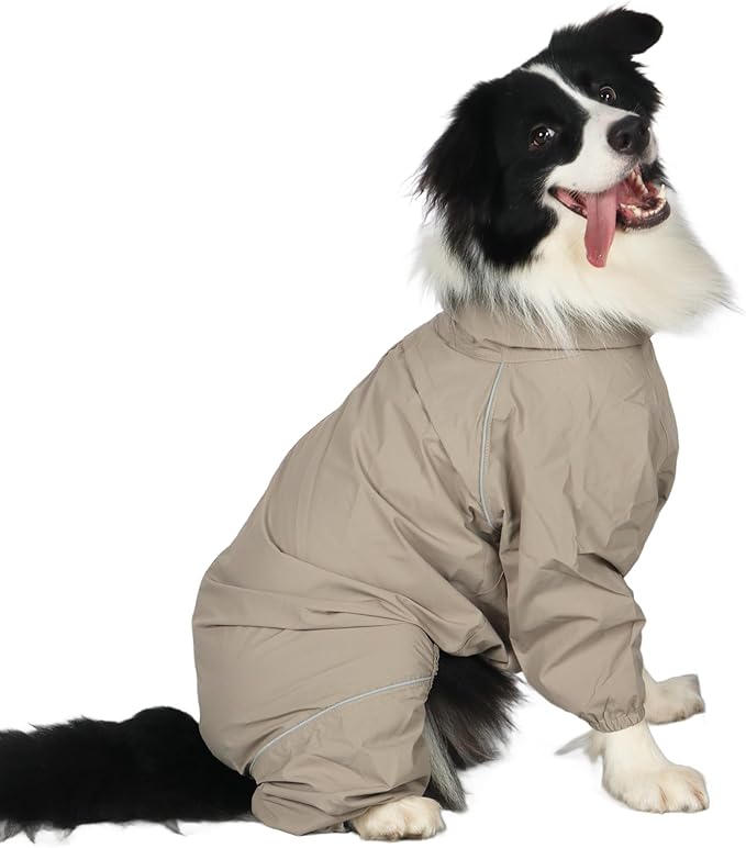 Dog Raincoat for Medium Large Dogs,rain Jacket Coat, Full Leg Coverage Waterproof Rain Suit with Detachable Hood & Tail, Reflective Strips, Snag-Free Top Zipper (Khaki for Girl, Large)