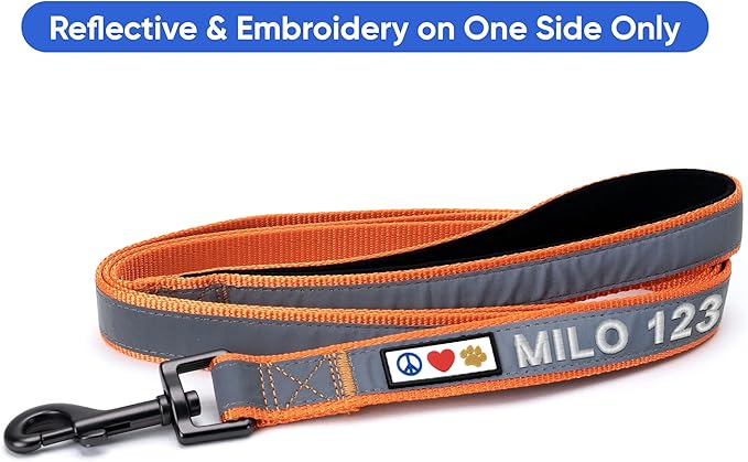 Pawtitas Personalized Dog Leash - Embroidered Customize Your Pet's Name & Phone Number - Reflective 6 ft Long Orange Leash