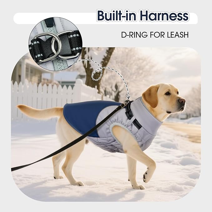 DENTRUN Dog Coat with Harness Built in, Easy On/Off Zipper Closure Winter Dog Vest, Water-Repellent Fleece Lined Warm Jacket with Reflective for Extra Large Dogs, Dark Blue, XXXL