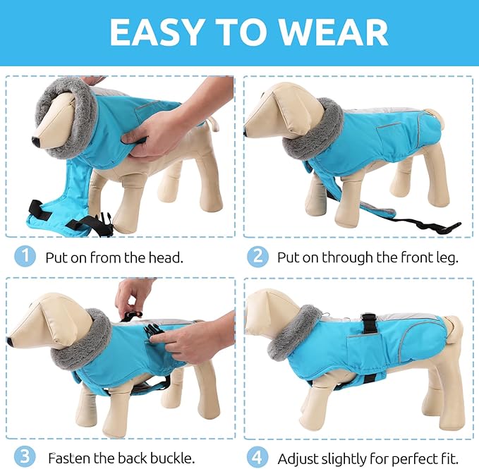 Queenmore Dog Coats for Large Breeds, Dog Snow Jacket, Adjustable Easy On Pet Winter Jackets, Waterproof Cold Weather Pet Coat, Blue, L