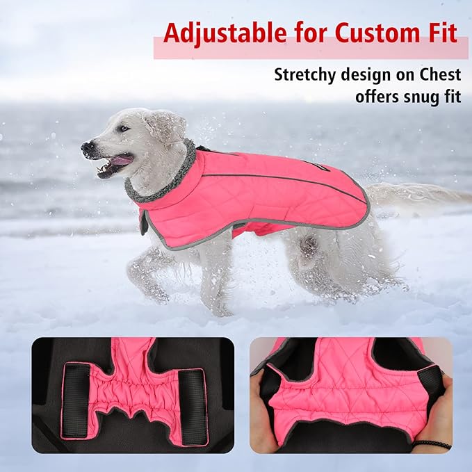 Fragralley Dog Coat Large, Waterproof Dog Jacket with Warm Fleece Lining, Adjustable Reflective Dogs Winter Coat, Turtleneck Pet Coats for Cold Weather (Pink XXXL)