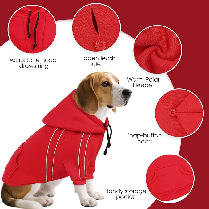 ASENKU Cozy Dog Hoodie，Soft Sweater with Adjustable Hood, Back Pocket and Leash Access Hole，Warm Reflective Sweatshirt for Cold Weather（Red，3XL