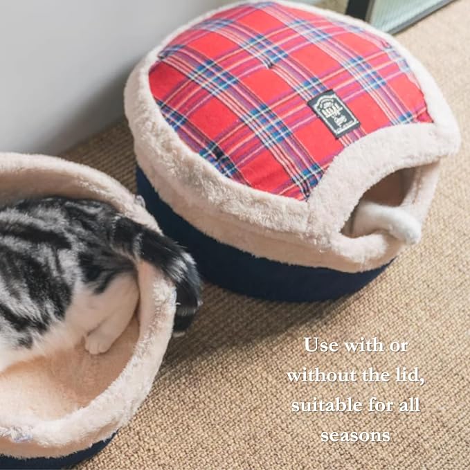 Cat Cave Bed – Plush, Warm & Calming Hideaway with Detachable Lid & Mat, Covered House for Indoor Kitten & Kitty (Redwhite)