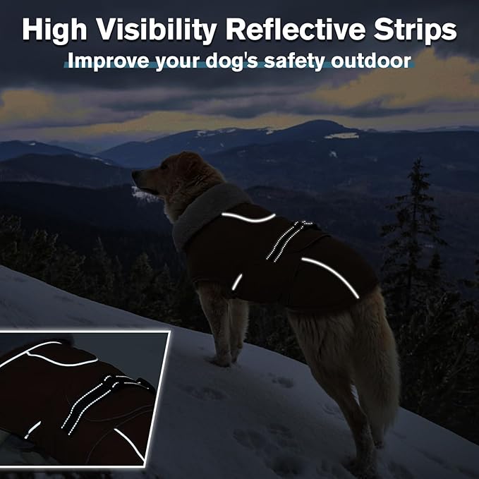 Lelepet Warm Dog Coats for Large Dogs Waterproof Dog Jacket Reflective Pet Fleece Vest Windproof Cold Weather Coats with Adjustable Buckle & Leash Hole, Brown, XXL