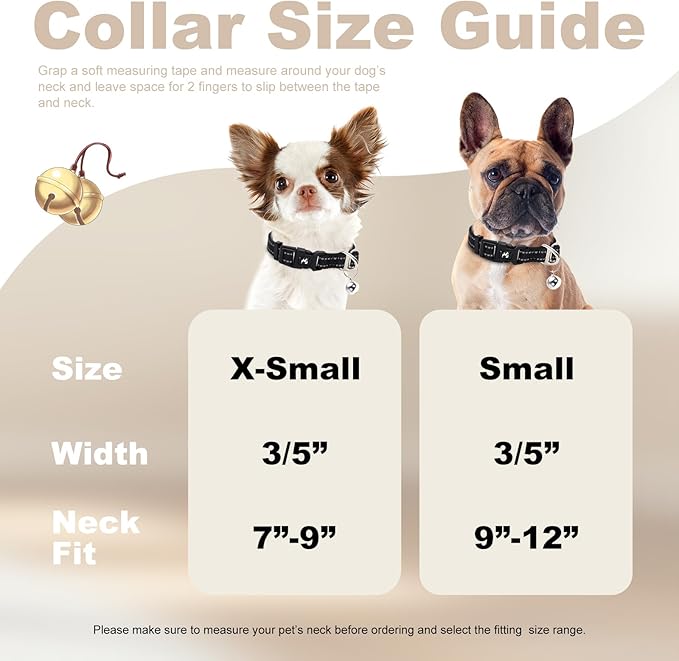 Reflective Dog Collar with Bell - Adjustable Nylon Puppy Collar for Small Dogs, Nighttime Safety for Chihuahua, Pomeranian, Yorkie, Black, XS