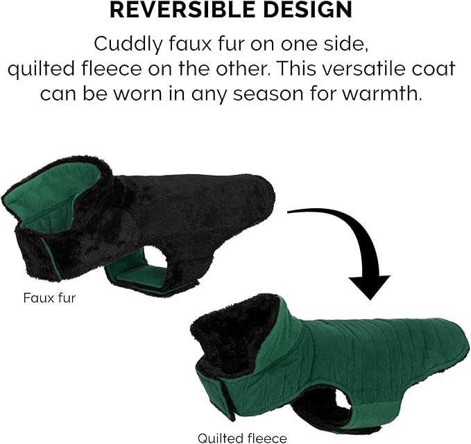 Furhaven Reversible Small Dog Coat, Washable & Insulating w/ Leash Access - Faux Fur & Quilted Fleece Flex-Fit Jacket - Black/Green, Small