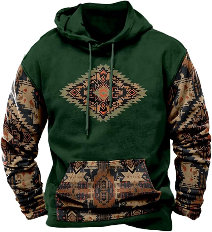 HOTYD Mens Western Aztec Sweatshirts Long Sleeve Fall Fashion Drawstring Pullover Vintage Graphic Cowboy Hoodie for Men