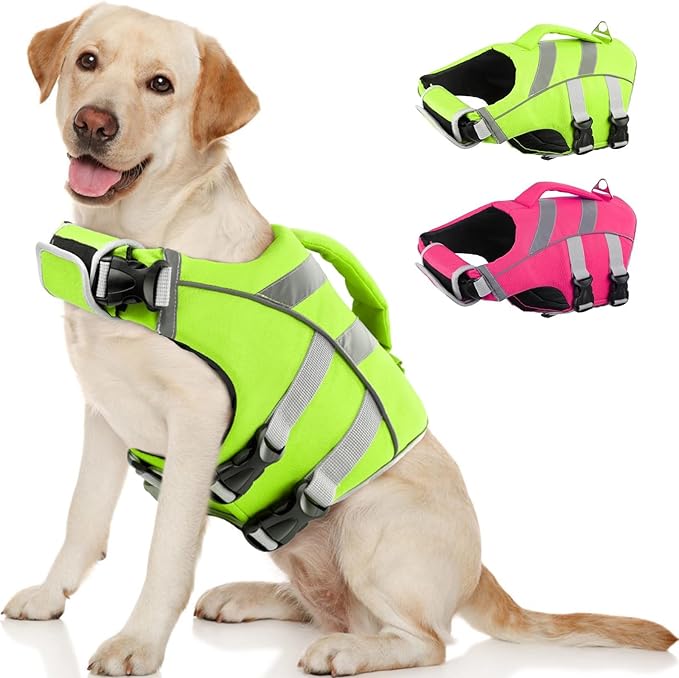Kuoser Small Dog Life Jacket - High Flotation, Reflective Vest for Swimming Boating, Adjustable Lightweight Preserver with Rescue Handle, Green S