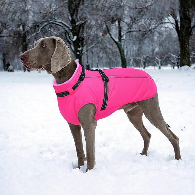 Lelepet Dog Winter Coat Waterproof Dog Jacket with Harness Built in Windproof Reflective Pet Coats for Extra Large Dogs, Thermal Fleece Lined Coats for Cold Weather Walking, Great Dane, Rose Red, 3XL