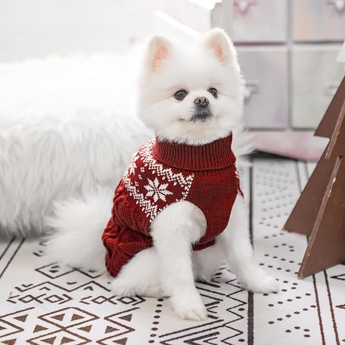 Warm Winter Pink Dog Sweater - Cold Weather Pet Clothes for Small Medium Large Dogs Indoor Outdoor, Soft Classic Knit Puppy Apparel Coat, Dark Red, S