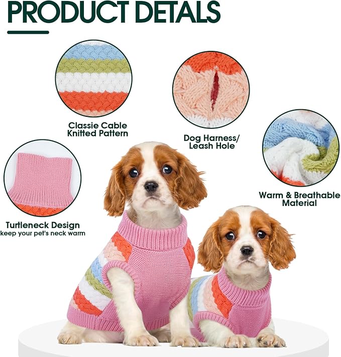 Kuoser Dog Sweater, Large Sweaters for Dog Girls Boys Christmas Thanksgiving Outfit, Thick Fall Winter Cable Knitwear, Pet Sweatshirt Warm Clothes Turtleneck Pullover, Pink L