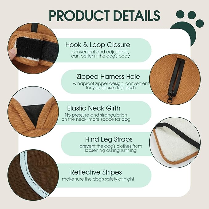 Kuoser Canvas Dog Coat, Warm Dog Jacket Reflective Fleece Pet Cold Weather Coat, Warm Doggie Clothes Waterproof Winter Vest with Zipper Leash Hole for Small Medium Large Dogs, Brown 2XL