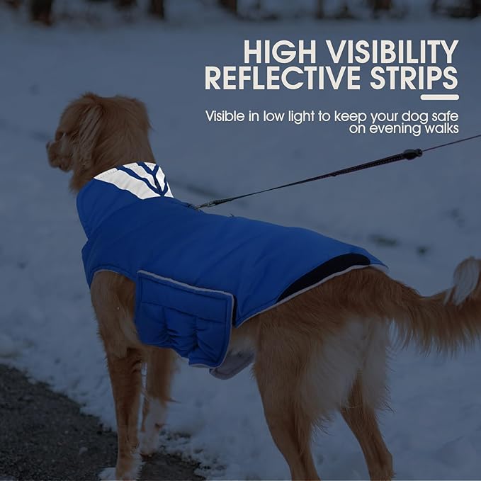 Kuoser Dog Coat Small, Cold Weather Reflective Waterproof Dogs Jacket with Warm Fleece Lining, Turtleneck Dog Winter Coat with Zipper, Doggy Snow Jacket Pet Coats for Small Medium Large Dogs, Blue S