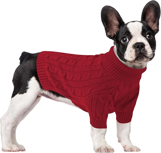 Small Dog Thermal Pullover Sweater, Classic Turtleneck Cable Knitwear Dog Clothes for Cold Weather Warm Pet Clothes for Chihuahua, Bulldog, Dachshund, Pug Red Large