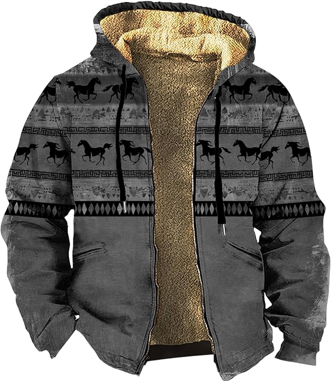 Men's Western Aztec Jackets Hooded Cowboy Hoodie Warm Full Zip Ethnic Vintage Long Sleeve Coat Fall Winter Tops