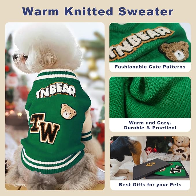 Small Dog Sweater Sweatshirt Cute Puppy Sweaters - Winter Green Warm Knitted Bear Design for Puppies (M)