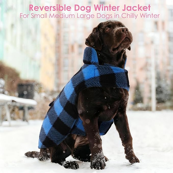 AOFITEE Dog Coat Plaid Dog Winter Coat for Small Dogs, Warm Dogs Jacket Christmas Sweater, Waterproof Pet Puffer Jacket, Reversible Pet Cold Weather Coats for Small Medium Large Pets, Blue M