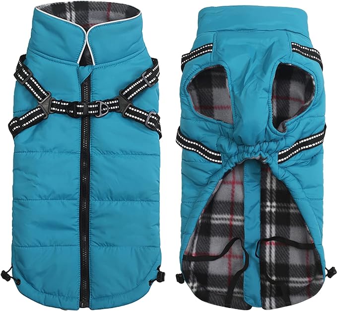Geyecete Winter Warm Coat Waterproof Dog Winter Jacket with Harness Traction Belt,Pet Outdoor Jacket Dog Autumn and Winter Clothes for Medium, Small Dog-Blue-XL