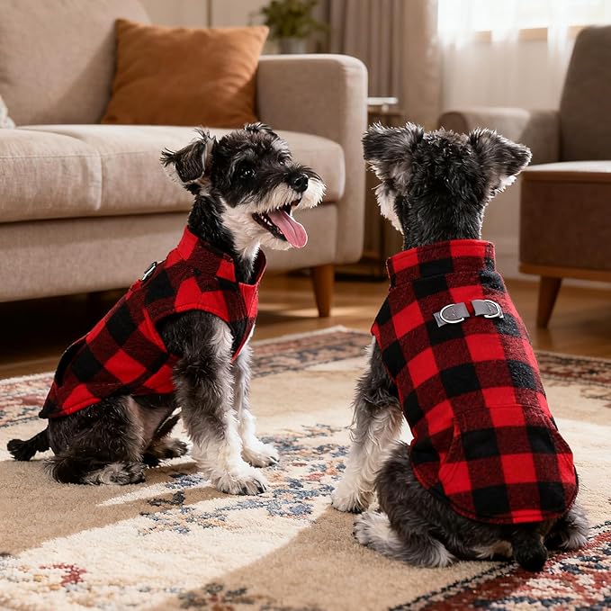 KOOLTAIL Dog Fleece Vest Sweater, Warm Puppy Christmas Jacket with Dual Leash D-Ring and Pocket for Small Medium Dogs, Cozy Soft Pet Winter Cold Weather Coats Fall Clothes Hoodie Boy Girl,Red Plaid S