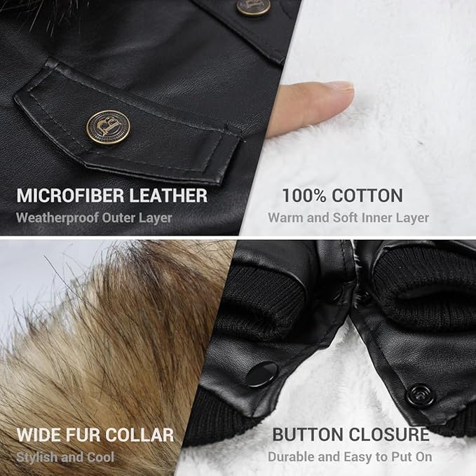 LESYPET Dog Leather Jacket for Small Dogs, Waterproof Dog Winter Jacket Puppy Coat with Fleece Lined, Ultra Warm Fur Collar Doggie Coat, Black M