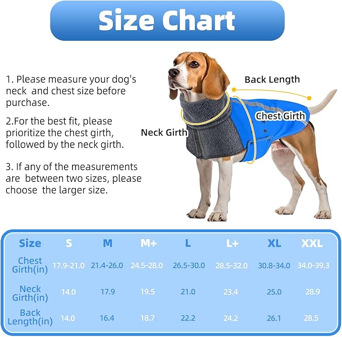 SlowTon Winter Dog Coat, Warm Polar Fleece Lining Doggie Outdoor Jacket with Turtleneck Scarf Reflective Stripe Adjustable Waterproof Windproof Puppy Vest Soft Pet Outfits (M+,Blue)