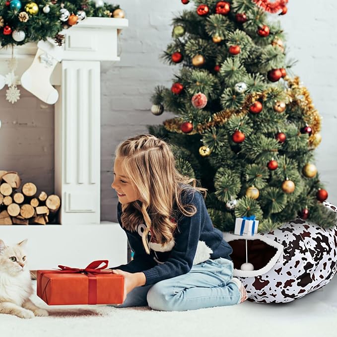 Cat Tunnel Bed Under Christmas Tree 36'' Kitten Circle Donut Tunnel Skirt with Ball Mat Decorative Xmas Folding Home Kitty Guard Tube Holiday Party Indoor Pet (Brown Black White,Cowhide)