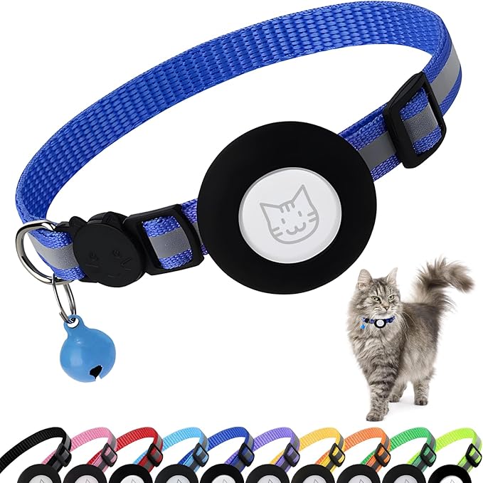 Airtag Cat Collar with Bell, Reflective Nylon Kitten Collar with Apple Air Tag Holder and Breakaway Safety Buckle for Puppy Girl Boy Cats, 3/8" in Width and Lightweight, Dark Blue