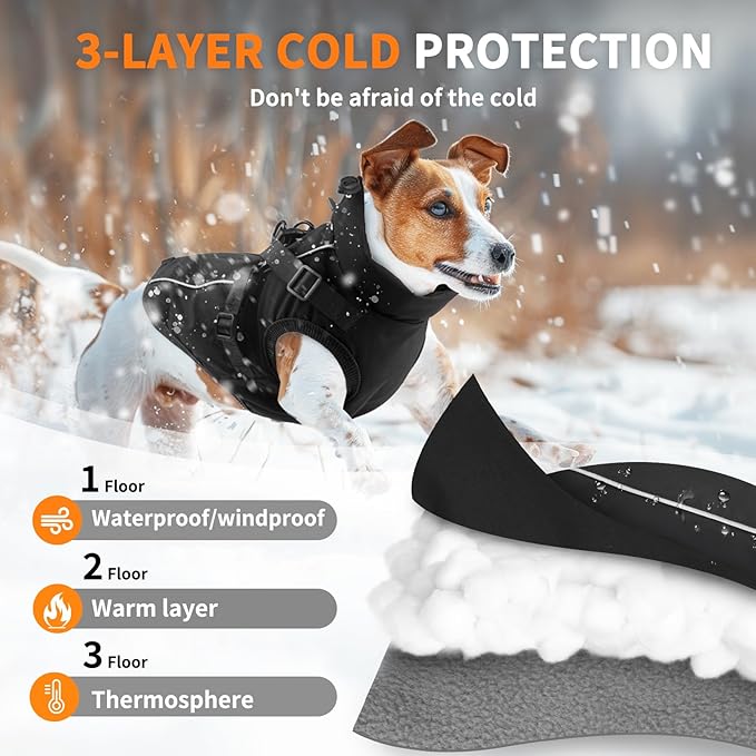 Dog Winter Coat Reflective Water-Resistant Jacket, Fleece Lined Windproof Puppy Coat with Back Zipper & D-Ring, Cold Weather Dog Coats for Small Medium Large Dogs (S, Black)