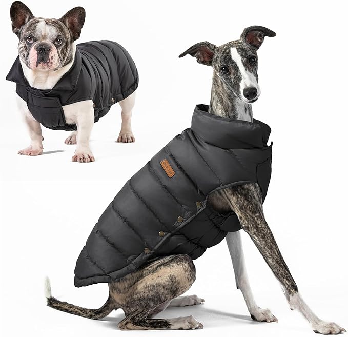 SPACE LION Dog Puffer Jacket, Down Winter Coat, Durable Outdoor Coat for Cold and Windy Conditions, Waterproof, Lightweight Jacket, Adjustable Fit for Small, Medium, Large Dogs(Black,14/L)