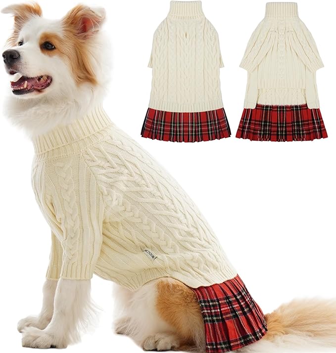 IECOii XL Dog Sweater Dress for Large Dogs Girl, Cable Knit Winter Dress for Female Dogs, Beige,XLarge, Soft Girl Dog Sweater with Tartan Plaid Skirt Cute Turtleneck Knitwear for Cold Weather