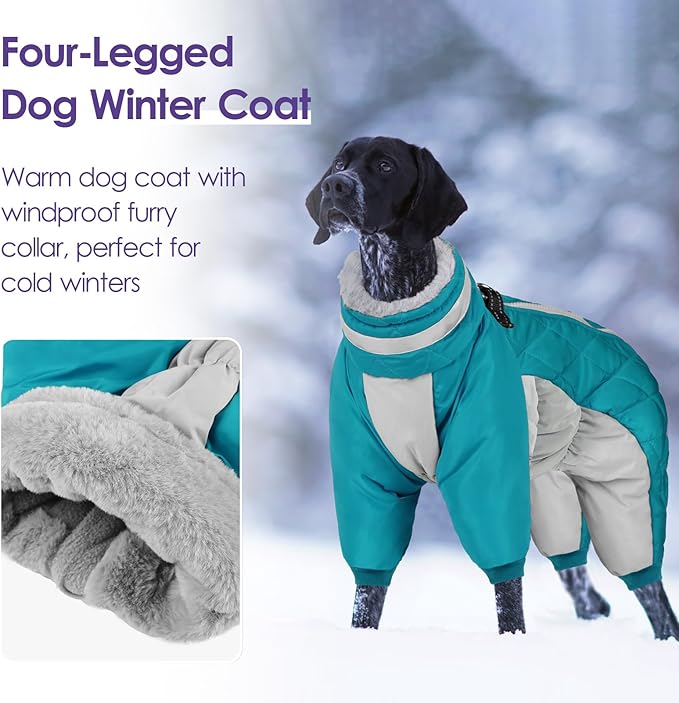 SUNFURA Full Body Dog Coat - Warm Fleece Jacket for Extra Large Dogs, Turtleneck Winter Coats with Harness, Reflective Dog Snowsuit Windproof Puffer Jackets with Legs for Great Dane, Turquoise 3XL