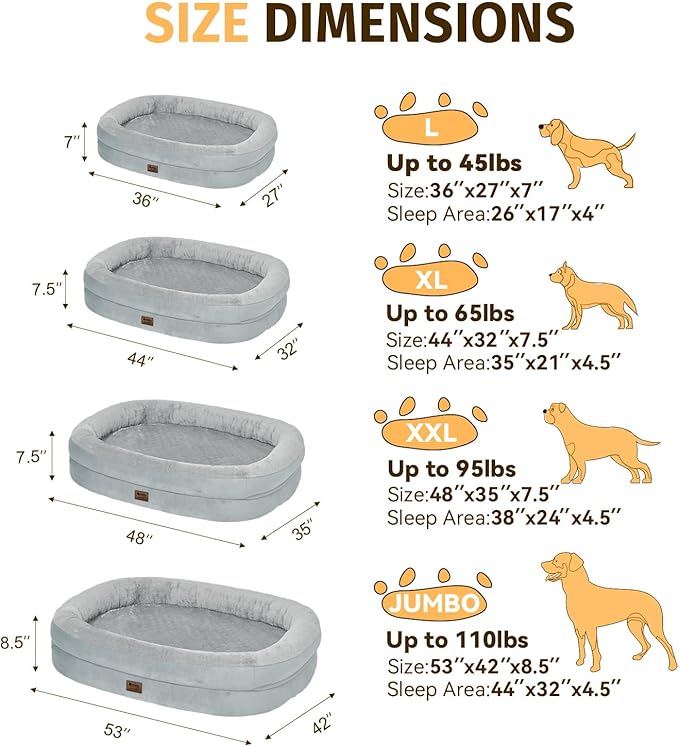 Orthopedic Waterproof Large Dog Bed: Memory Foam Washable Dog Bed with Bolsters - XL Removable Washable Cover for Medium Large Sized Pet - Non-Slip Bottom - Silver