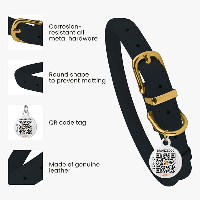 BronzeDog Rolled Leather Dog Collar with QR ID Tag, Adjustable Soft Round Collars for Small Medium Large Dogs Puppy (14" - 16" Neck Size, Dark Blue)