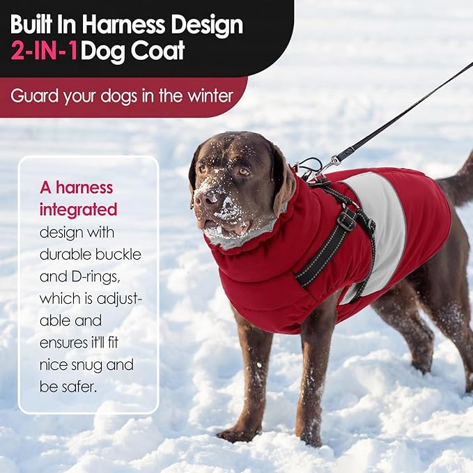 AOFITEE Dog Coat, Waterproof Dog Jacket Winter, Dogs Coat with Harness Built in, Warm Dogs Puffer Jacket with Zipper, Reflective Pet Snowsuit Sweater for Dachshund, French Bulldog, Boston Terrier, M