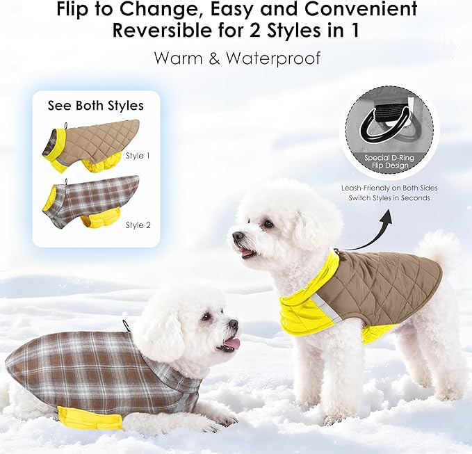 Quilted Dog Winter Coat, Plaid Lined Reversible Vest, Reflective Safety Strip, Cold Weather Pet Apparel Yellow XXS