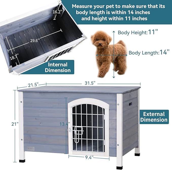 Petsfit Small Dog House for Small Dogs Indoor, Wooden Dog House with Elevated Floor&Anti-Slip Bottom, 31.5''L×21.5''W×21''H