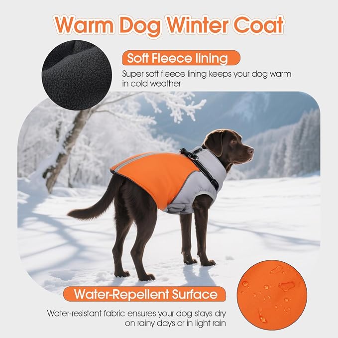 DENTRUN Dog Coat with Harness Built in, Extra Large Water-Repellent Dog Jacket, Turtleneck Windproof Reflective Strips for Great Dane, Orange, XXXL