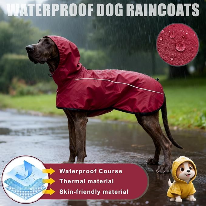 Mosucoirl Dog Raincoat Jacket Reflective Adjustable Hooded Pet Poncho Rain Coats with Leash Hole Waterproof Clothes for Small Medium Large Dogs (Red, XL)